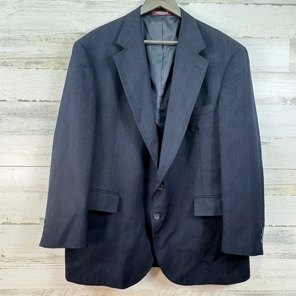 Evan-Picone Mens Navy Blue Pinstripe Pure Wool Blazer Sport Coat 46R Made in USA